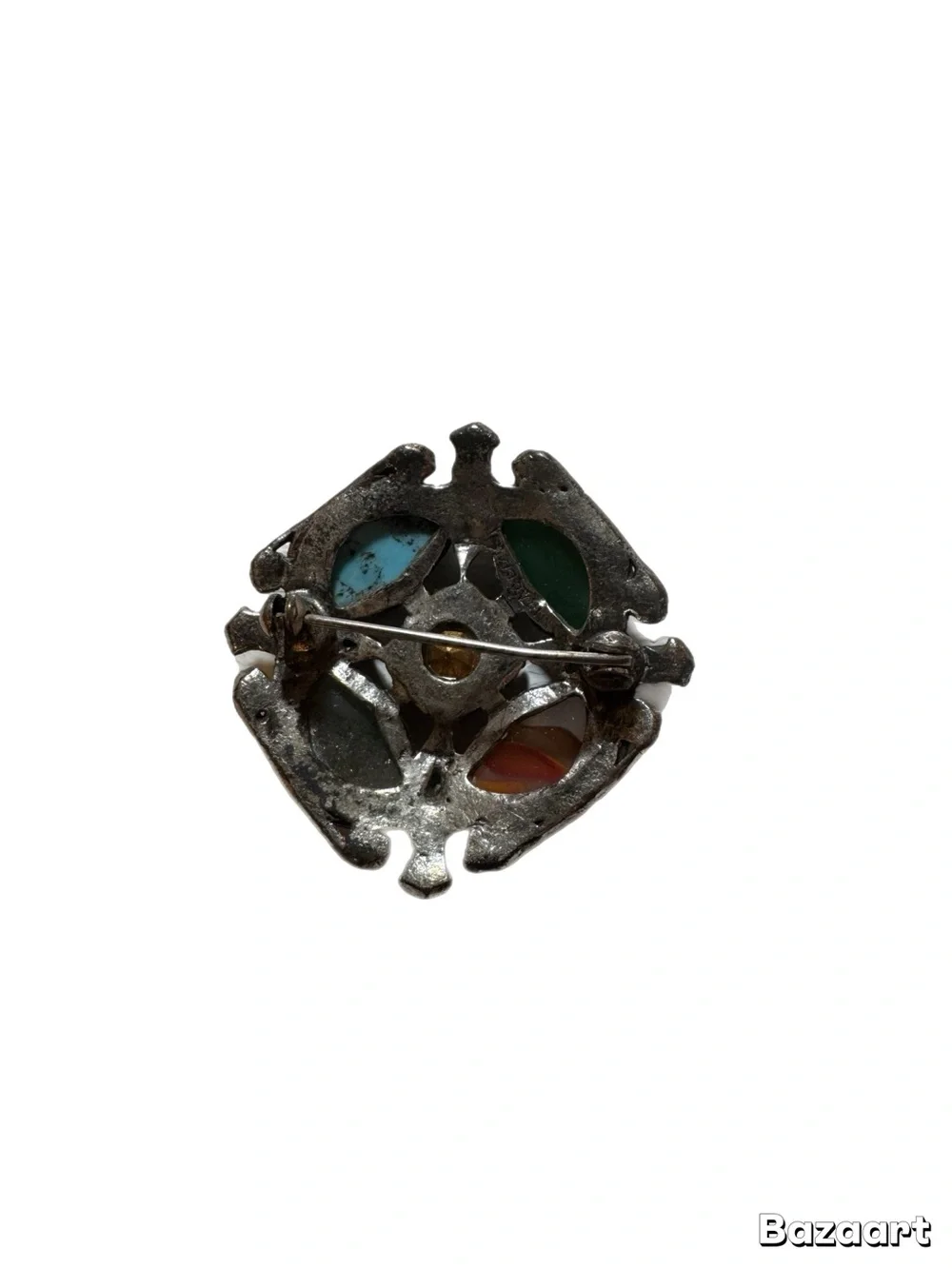 Vintage Multi-Stone Round Brooch with Turquoise and Carnelian Accent
